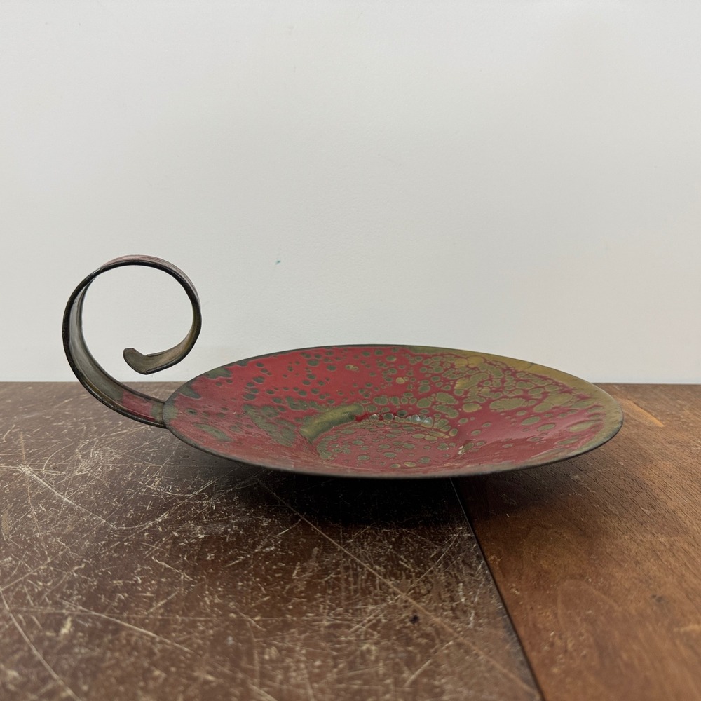 Red‎ Green Candle Holder Plate with Metal Loop Handle Unique Decor